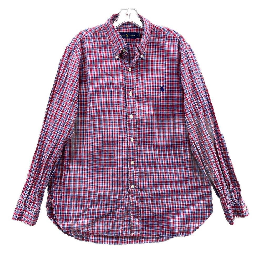 Polo Ralph Lauren Shirt Mens Large Gray Red Madras Plaid Preppy Button Down Pony